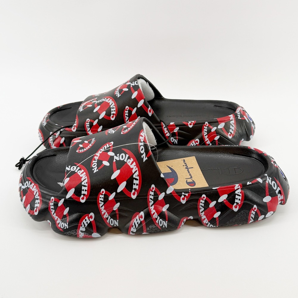 Champion Meloso Squish Smile Slides Sandals Mens Size 9 Black Red Pool Comfy NEW - Picture 7 of 8